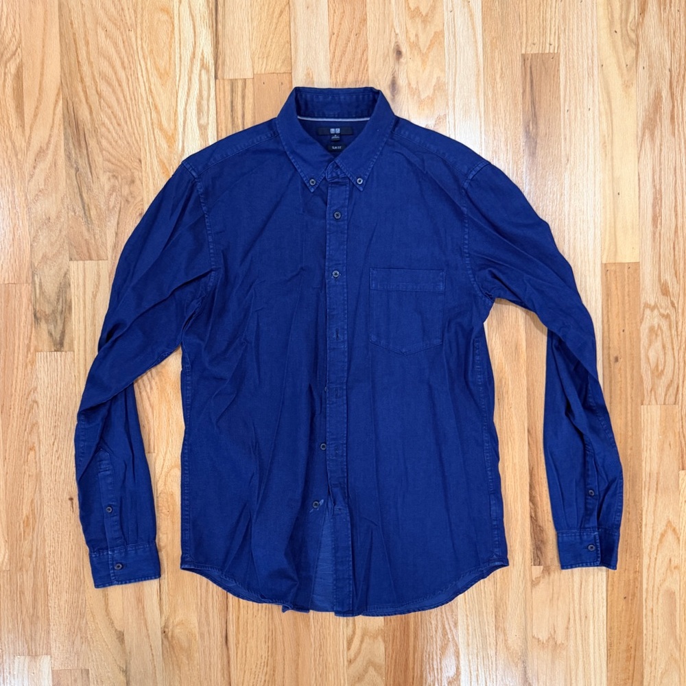 Uniqlo Men's Dark Navy Denim Long Sleeve Dress Shirt